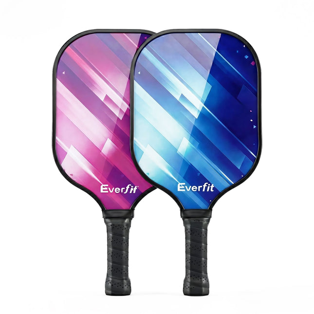 Pair of pickleball paddles with pink and blue faces and black textured grips