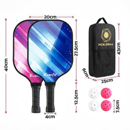 Pickleball paddle set: pink/blue paddles, black grips, with storage bag
