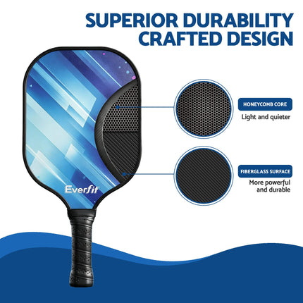 Blue pickleball paddle with black textured handle and mesh-style face