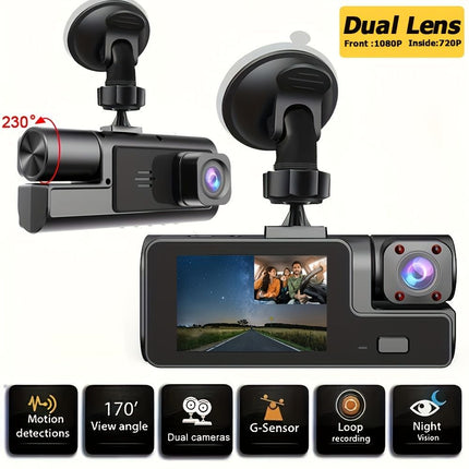 Dual-lens dash cam with front and interior cameras, black body and LCD screen