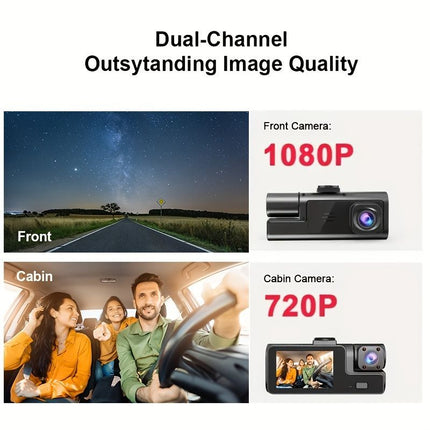 Dual-lens dash cam with two camera modules and LCD screen, black