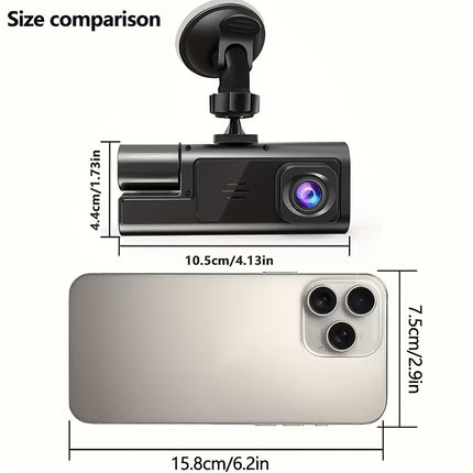 Black dual-lens dash cam with front camera module and windshield mount, size view