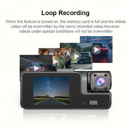 Dual-lens dash cam with LCD display and side camera module, black