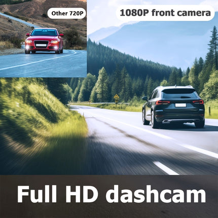 Dual-lens dash cam with front camera view and LCD screen, black