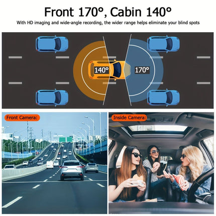 Dual-lens dash cam front and cabin angle coverage illustration, black