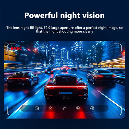 Dash cam powerful night vision feature illustration with REC-style HUD