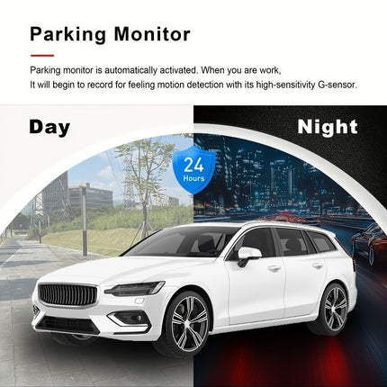 Dash cam parking monitor feature illustration with day and night recording