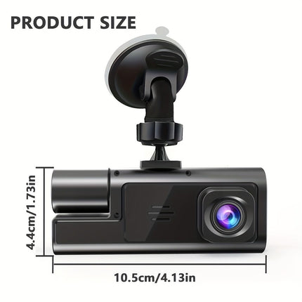 Black dual-lens dash cam main unit with lens mount, product size