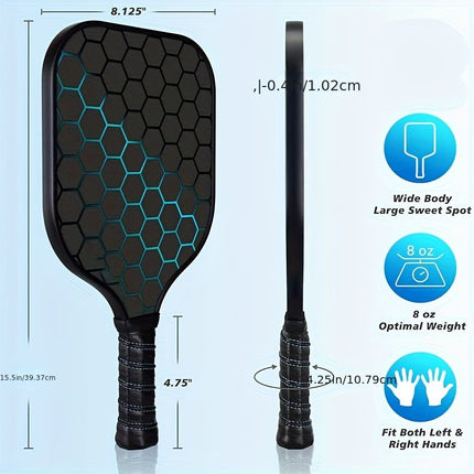 Black pickleball paddle with ribbed handle and hex-pattern face, shown with size marks