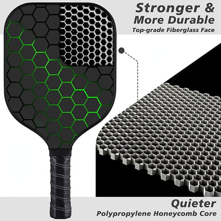 Pickleball paddle face with hex pattern and honeycomb core, black with green cells