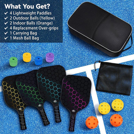 Pickleball racket set contents: four paddles, balls, extra over-grips, and carry bag