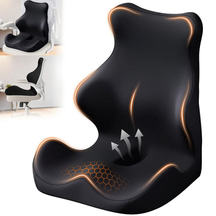 Black L-shaped memory foam seat cushion with back support and lumbar curve, orange piping