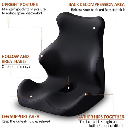 Black seat cushion with backrest, breathable hex texture pad, sculpted lumbar support