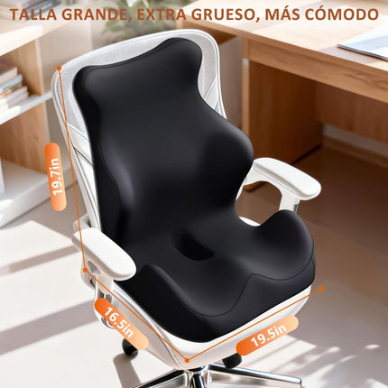 Black memory foam seat cushion with back support, large size with orange measurement marks