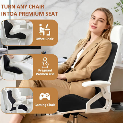 Black ergonomic seat cushion with back support on a white office chair, curved lumbar