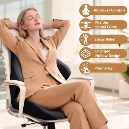 Black seat cushion with back support and cutout comfort design on office chair