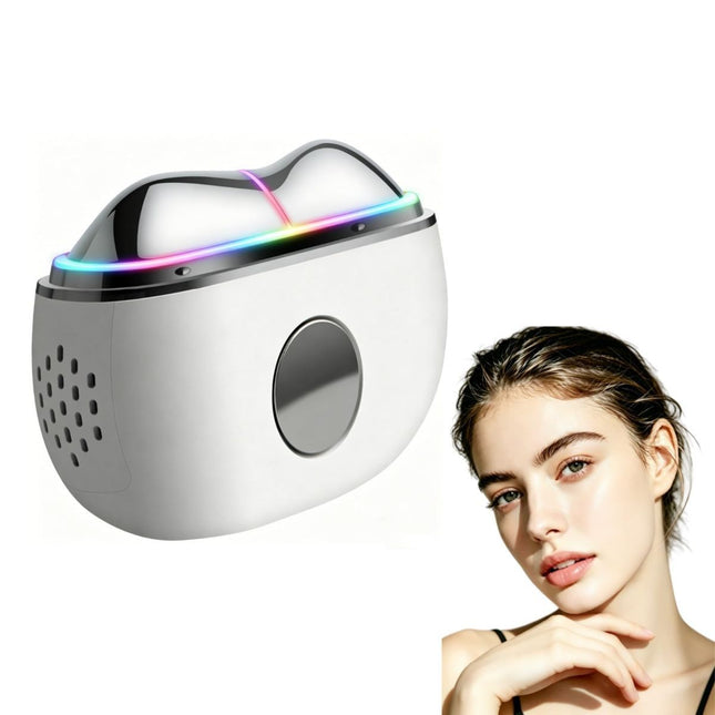 White electric facial massager with LED light bar and oval display opening