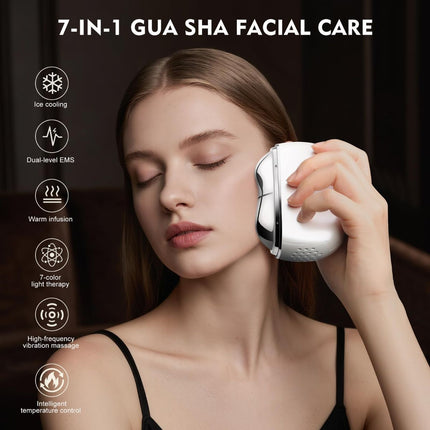 White LED facial massager held against the cheek for face use