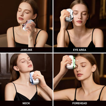 Facial LED massager used on jawline, eye area, neck, and forehead