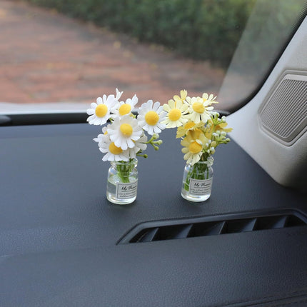 Car dashboard daisy flower decoration pair of glass vials with white and yellow daisies