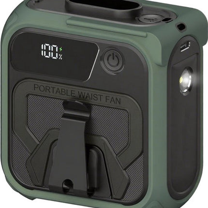 Green portable waist fan with clip and control buttons, front view