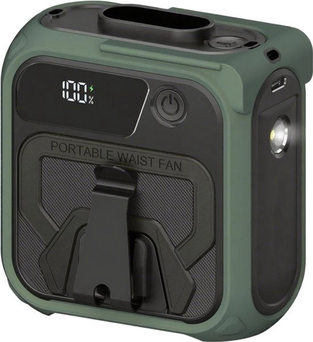 Green portable waist fan with clip and control buttons, front view