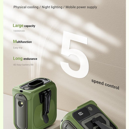 Green waist fan product photo with 5-speed control graphic and device views