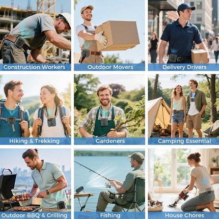 Collage of people using a green waist fan for outdoor and work activities