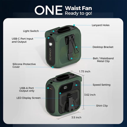 Green waist fan diagram showing USB ports, LED screen, and belt clip