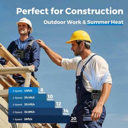 Construction worker with a green waist fan clipped on the belt outdoors