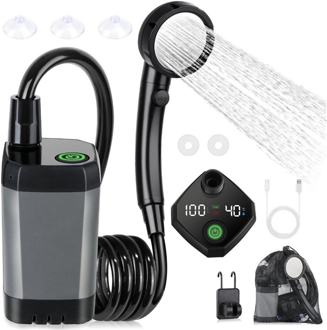 Portable camping shower pump kit with handheld sprayer, display, and included accessories