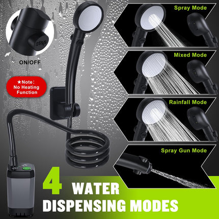 Portable camping shower pump with handheld sprayer nozzle and round spray head