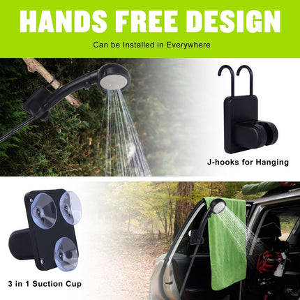 Portable camping shower wand with misting spray head and hanging hook