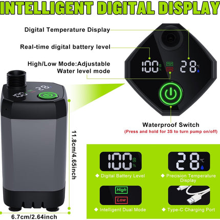 Rechargeable shower pump with digital temperature and battery level display