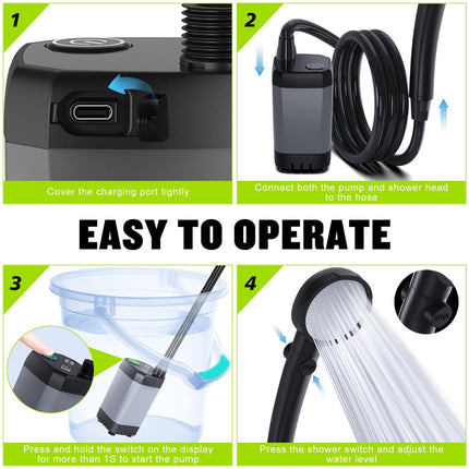 Portable shower pump showing charging port cover and connected hose