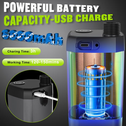 Rechargeable shower pump with USB charging and illuminated internal water chamber