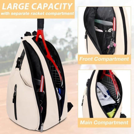 White Tennis Sling Backpack, Water Resistant Crossbody Racket Bag for Tennis, Pickleball and Badminton, Lightweight Unisex Design