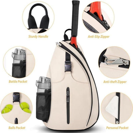 White Tennis Sling Backpack, Water Resistant Crossbody Racket Bag for Tennis, Pickleball and Badminton, Lightweight Unisex Design