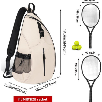 White Tennis Sling Backpack, Water Resistant Crossbody Racket Bag for Tennis, Pickleball and Badminton, Lightweight Unisex Design