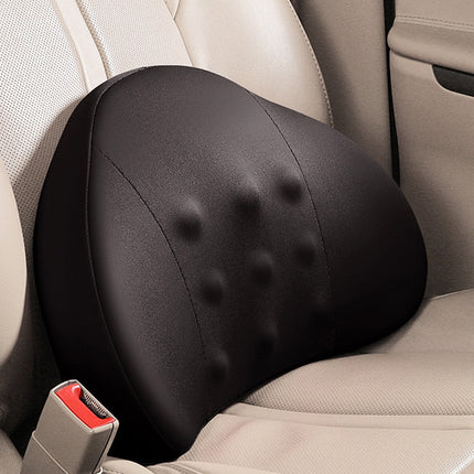 Black memory foam lumbar support pillow with tufted dimples, contoured backrest shape