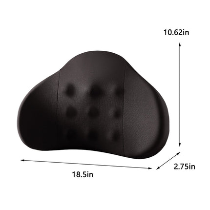 Black curved lumbar support pillow with tufted dimples, stitched center seam