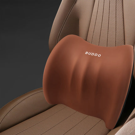 Brown contoured lumbar support cushion with BUDDO logo, for mid/back support