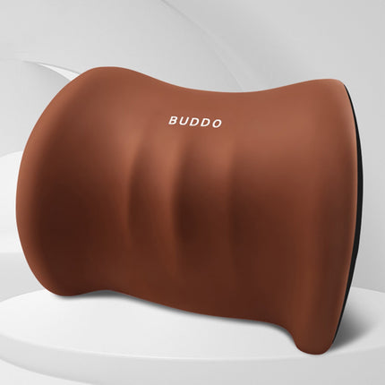 Brown contoured lumbar support cushion with BUDDO logo, smooth curved design
