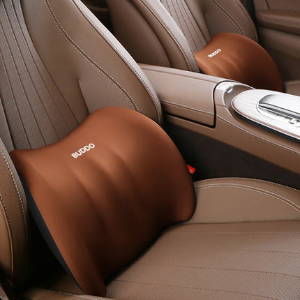 Brown lumbar cushion with BUDDO logo, positioned on a car seat