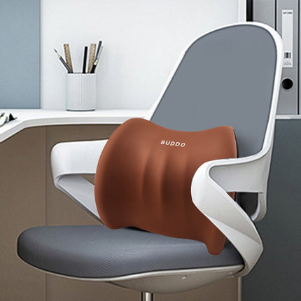 Brown lumbar support cushion with BUDDO logo, contoured back support pad