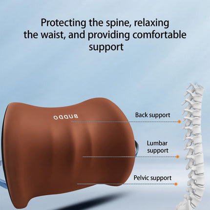 Brown ergonomic lumbar cushion with BUDDO logo, curved for back and waist