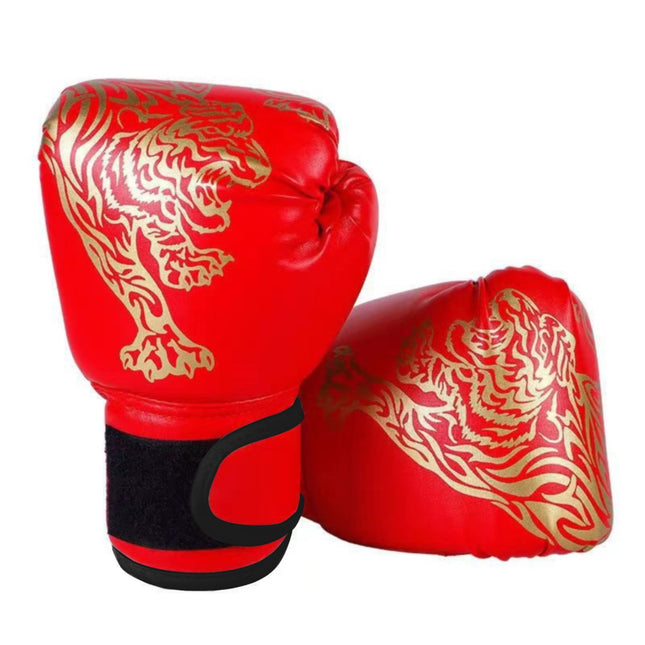 Pair of red boxing gloves with gold animal graphic and black wrist strap