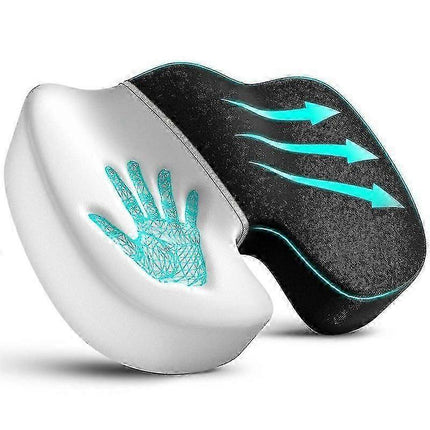 Gray seat cushion with black contoured side, turquoise arrows, and coccyx cutout