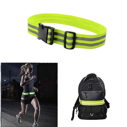 Neon green adjustable reflective running belt with black buckle and gray stripe tape