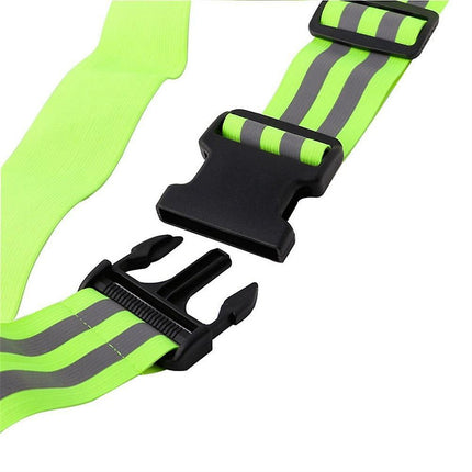 Neon green reflective belt strap with black clasp and adjustable side buckles